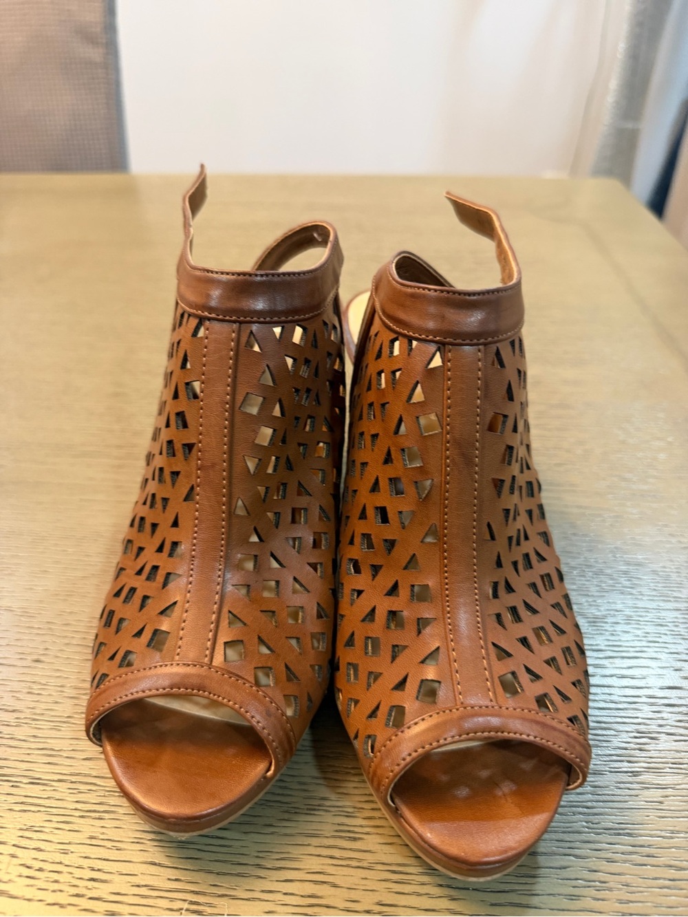 CL by Laundry Tan Laser-Cut Peep-Toe Mules
